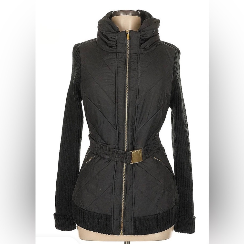 NWT CACHE | Black Quilted Ribbed Moto Jacket Belted Zip Up Front Y2K size Med